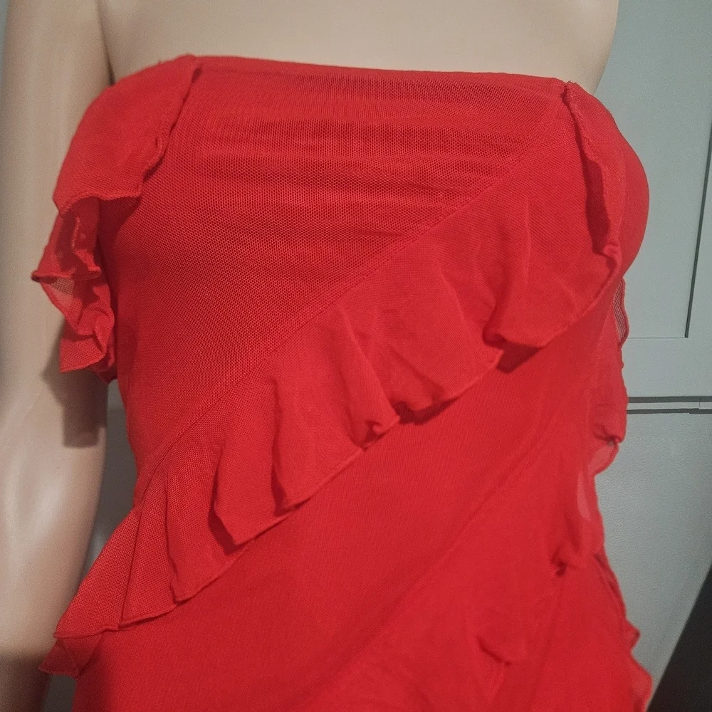 Strapless Red Ruffle Cocktail Mini Dress – Stretch Mesh Bodycon